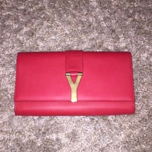 Unworn YSL Red Leather Clutch Classic Y Logo